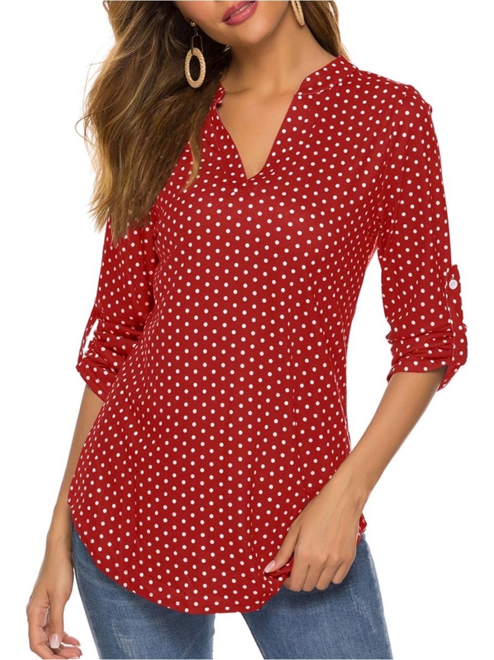 Polka Dot V-Neck 3/4 Red Women’s Tunic Blouse